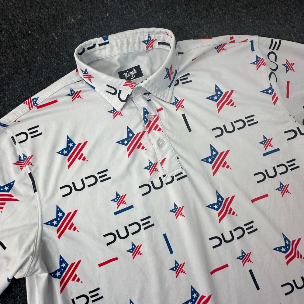 Waggle Golf Polo Men XL White Patriotic Dude Stars Performance Short Sleeve